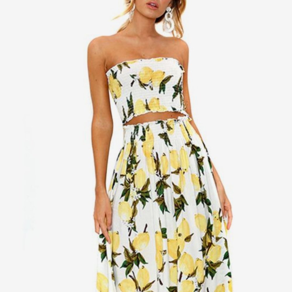 Floral Lemon Bandeau Crop Top with Maxi Skirt 2 Piece Set
